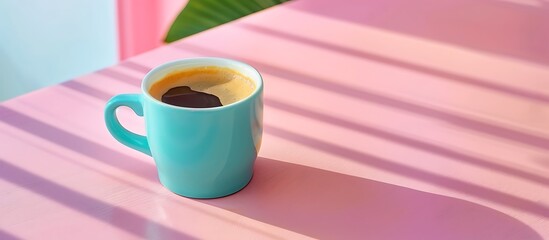 Wall Mural - Coffee in a cyan cup on a pink table, pastel backdrop, wide-angle shot, natural light, web banner style.