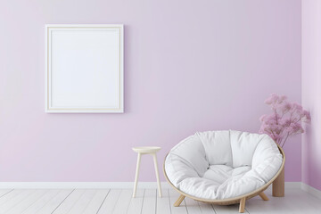 Wall Mural - Mockup wall and mockup frame above a comfortable round papasan chair in a minimalist apartment. Restrained pastel colours, lots of air and light give this corner a special cosiness.