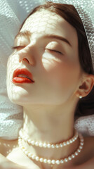 Wall Mural - A serene woman with closed eyes and red lips is adorned with pearls, basking in soft, filtered sunlight