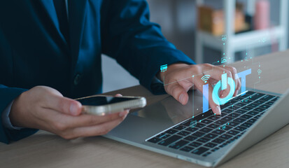 Wall Mural - iot, internet of thing concept, business man touching iot internet of thing icon on virtual screen, 
