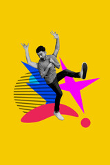 Canvas Print - Vertical retro abstract creative artwork template collage of funky four hands guy dancing having fun isolated painting background