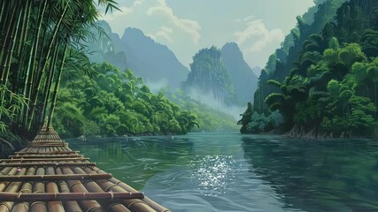 Wall Mural - animation scenic river with bamboo bridge amidst lush green mountains generated with ai