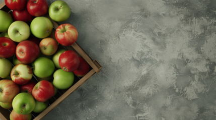 Wall Mural - A wooden crate filled with fresh red and green apples sits on a textured gray surface, symbolizing abundance and health.