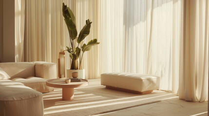 Wall Mural - A serene, sunlit living room featuring plush white furniture, a potted plant, and soft, flowing curtains that diffuse the warm natural light.