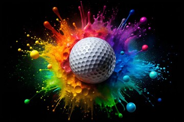 Wall Mural - vibrant golf ball surrounded by colorful splashes, representing fun and energy in sports. perfect fo