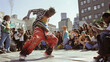 © VK Studio - A street dancer captivates a diverse crowd with dynamic and energetic moves in an urban setting, surrounded by tall buildings and a spirited audience.