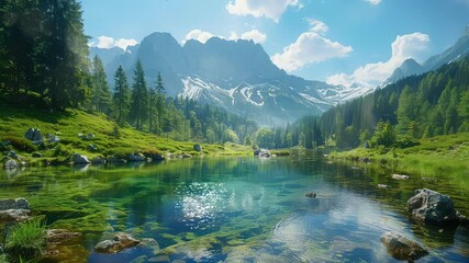 Wall Mural - animation mountain landscape with lake, forest, and snowy peaks generated with ai