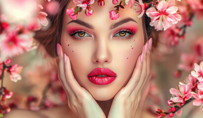 Wall Mural - beautiful woman with red lips and pink nails, beautiful make-up, perfect skin, flowers in hair