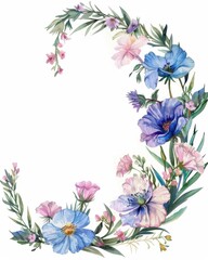 Wall Mural - Wedding Monogram. Hand Drawn Watercolor Crest with Wild Flower Frame for Anniversary Celebration