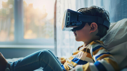 A child experiencing virtual reality while seated on a bed, exploring a digital world with fascination and curiosity.