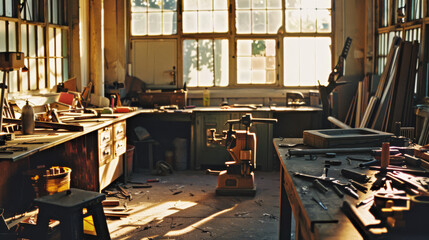 Wall Mural - A sunlit workshop cluttered with tools and sawdust, capturing the essence of craftsmanship and the beauty of hands-on work in a rustic setting.