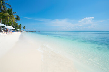 Pristine tropical beach with white sand and crystal-clear water under a blue sky