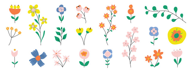 Wall Mural - Collection of spring colorful flower elements vector. Set floral of wildflower, leaf branch, foliage on white background. Hand drawn blossom illustration for decor, easter, sticker, clipart, print.