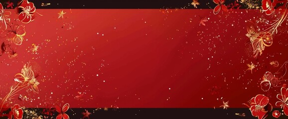 Wall Mural - Red background, vector illustration, gold line drawing style with small flowers on the left and right sides of the picture