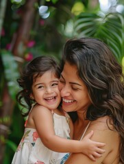 A mother holding a young girl tight, showing love and protection