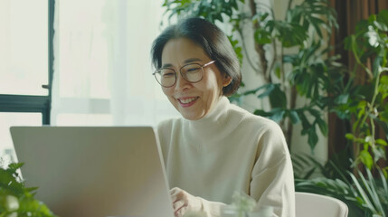 Sticker - A woman smiling while working on her laptop in a lush, green home office filled with plants.