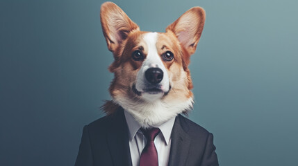 Wall Mural - A corgi dressed in a formal suit and tie poses against a neutral background, exuding charm and a touch of humor with its serious expression.