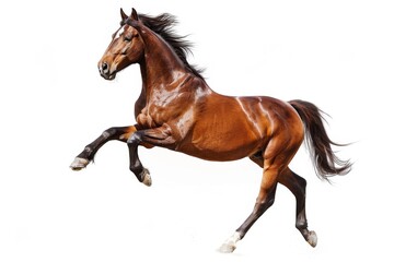 Naklejka na meble Brown horse in rearing pose, standing up on hind legs isolated on white background