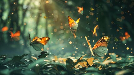 Wall Mural - Brilliant orange butterflies flutter amidst lush green foliage in a sunlit forest, creating a magical, enchanting scene filled with light and movement.