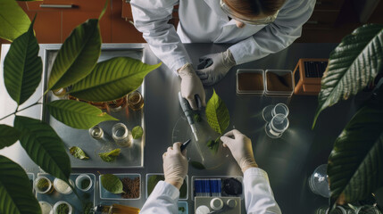 two scientists, clad in white lab coats and gloves, working with green leaves and lab equipment, con