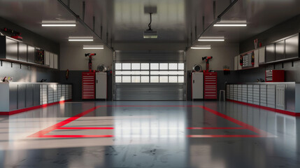 Wall Mural - A pristine, spacious garage gleams under bright lights, with red tool cabinets and workbenches meticulously arranged, ready for the next project.