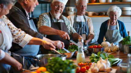 Elderly people joyfully cooking together in a kitchen, sharing laughter and ingredients, creating a warm and lively atmosphere.