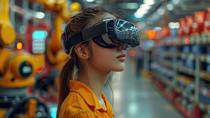 Poster - Woman Experiencing Virtual Reality in a Futuristic Industrial Setting