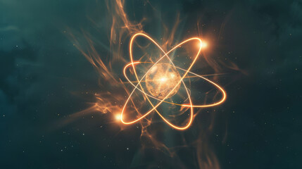 Wall Mural - an artistic depiction of an atom, with glowing orbits surrounding the nucleus, set against a dark, s