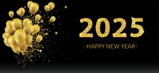 Wall Mural - Golden Balloons Golden Particles Confetti 2025 New Year Black