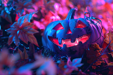 Wall Mural - An eerie Jack-o'-lantern illuminates a twilight scene, casting a spooky glow amidst vibrant autumn foliage.