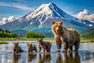 A large brown bear and small cubs in the lake against the background of the Kamchatka volcano. Animal hunting. Poaching.