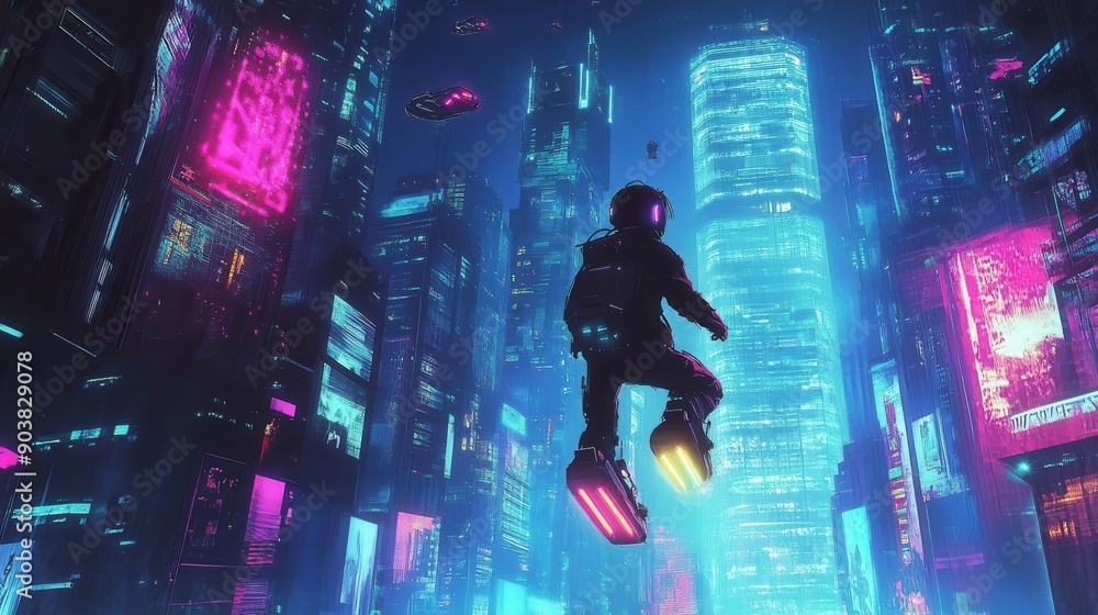 A futuristic cityscape with towering skyscrapers and flying cars ...