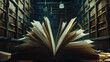 © VK Studio - An open book with its pages fanned out, set in a dimly lit library filled with hundreds of bookshelves stretching into the background.