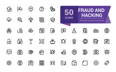 Wall Mural - fraud and hacking line icon set. contains linear outline icons as virus, fraud, threat, theft, hacke