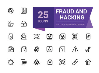 Wall Mural - fraud and hacking line icon set. contains linear outline icons as virus, fraud, threat, theft, hacke