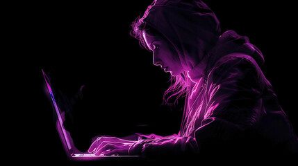 Wall Mural - Photograph of a person working with a laptop at full speed, purple tones, minimalist composition, AI Generative