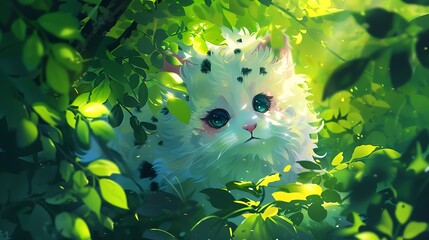 Wall Mural - A Fluffy White Kitten Peeking Through Lush Green Foliage