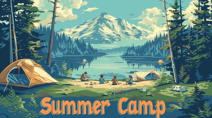 Nostalgic summer camp illustration featuring a mountain lake scene