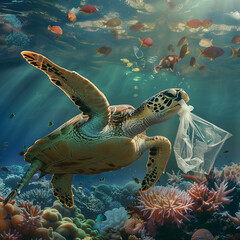 Wall Mural - green sea turtle eating a plastic bag in the ocean