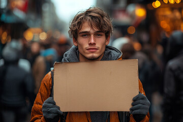 A young man holds a cardboard sign in the middle of the street. Generative AI