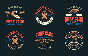 Wall Mural - Vintage Surf club vector logo bundle. Set of retro surfing emblems. Vector illustration set of logos on surfing theme. Surf club logo templates. Surfing logo vector for t-shirt design