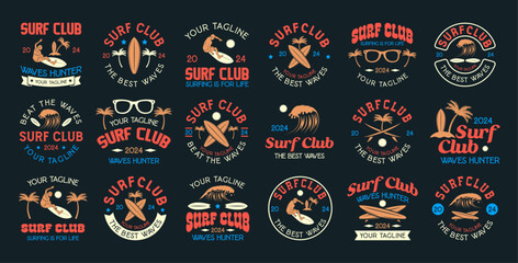 Wall Mural - Vintage Surf club vector logo bundle. Set of retro surfing emblems. Vector illustration set of logos on surfing theme. Surf club logo templates. Surfing logo vector for t-shirt design