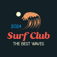 Wall Mural - Vintage Surf club vector logo template. Retro surfing emblem isolated. Vector illustration of logo on surfing theme. Vintage surf club logo. Surfing logo vector for t-shirt design