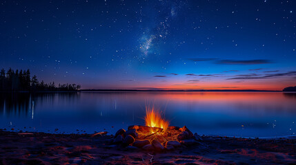 Wall Mural - Starry Night Campfire by a Serene Lake..