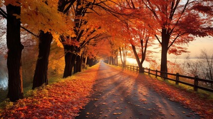 Wall Mural - red autumn leaves road