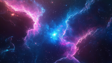 Wall Mural - a nebula with clouds of gas and dust in blue, purple, pink, and red, backdrop of stars glowing with 