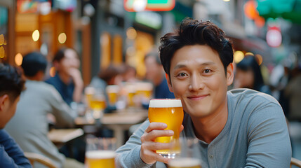 Wall Mural - Asian man in gray shirt raising a beer mug in celebration at an outdoor Oktoberfest pub, surrounded by a lively crowd.