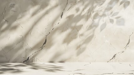 Wall Mural - beige marble with black vein wall with the shadow of a tree branch, minimalistic background. This composition creates a serene atmosphere that emphasizes both luxury and natural beauty in your product