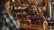 © pattozher - Friendly bartender presenting craft beers to patrons, rustic pub atmosphere