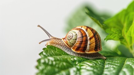 Brown garden snail on green leaf with white background